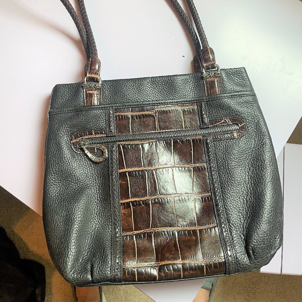 BRIGHTON  Black & Brown Leather Bag W. Croco Trim
